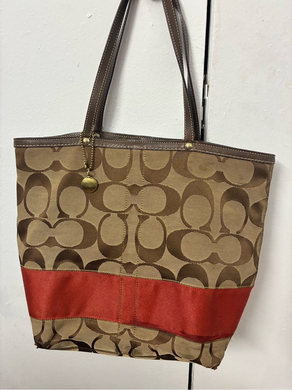 Coach Signature Canvas Tote with Red Accent Stripe